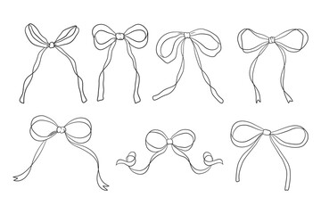 Gift birthday christmas decor and valentine day pink ribbon bows hand drawn collection bow flat vector illustrations set