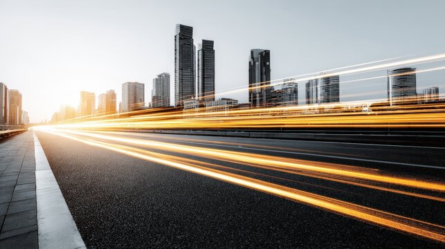 Long exposure photography captures brilliant light trails rushing past a modern metropolitan skyline at dusk