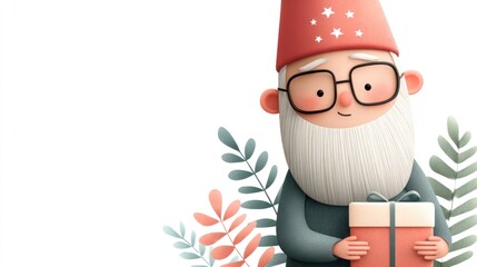 Christmas gnome character holding festive holiday gift, copy space