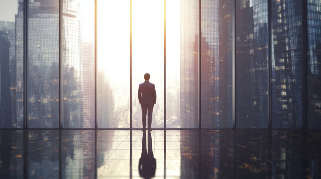 Confident business professional stands at floor to ceiling window overlooking sunlit urban skyline, contemplative mood and modern office atmosphere