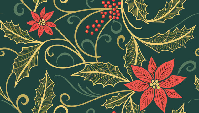 Ornate Gold Holly Poinsettia Christmas Pattern Vector Illustration, A rich and ornate seamless pattern with golden swirling vines, holly leaves, red berries, and poinsettia flowers on a deep green bac