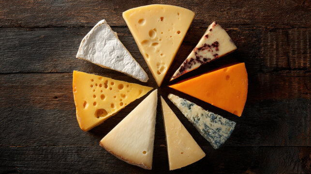 Assorted cheese wheel wedge arrangement on rustic wooden board, creamy brie, Swiss, cheddar, blue, hard aged and flavored cheese offering savory and artisanal appeal