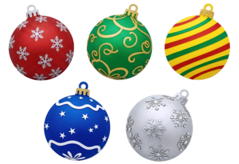A set of five colorful and festive Christmas ornaments, including red, green, blue, silver, and yellow, isolated on a white background. A vibrant holiday collection.