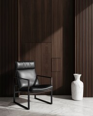 Elegant black leather armchair and marble vase against a dark wood panelled wall interior