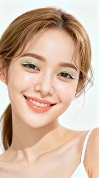 Fresh spring makeup tutorial video featuring a youthful model with vibrant green eyeshadow and glossy lips creating a modern beauty trend