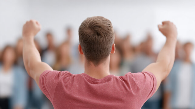 Confident young man raising fists in front of blurred audience, celebrating success and leadership with energetic posture and casual clothing - Powered by Adobe