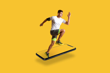 Sporty male runner on color background