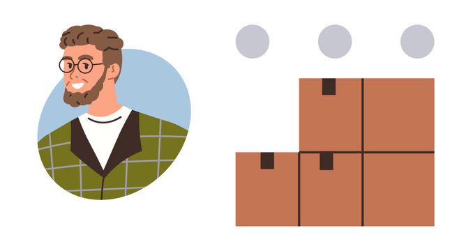 Portrait of a stylish man in glasses with a plaid shirt next to stacked cardboard boxes. Ideal for logistics, shipping, e-commerce, storage, organization, deliveries, teamwork. Simple flat metaphor