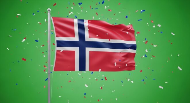 Norway flag with confetti on a green screen. National independence day celebration with chroma key blank space. - Powered by Adobe