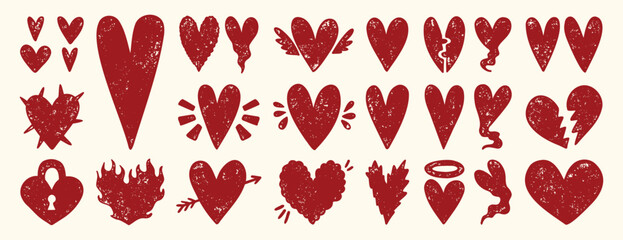 Grunge textured hearts in bold aggressive romantic style, hand drawn distressed red or pink love symbols