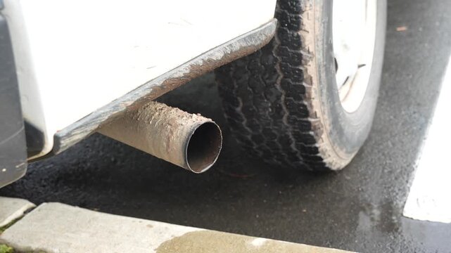 Close up of a truck exhaust pipe with smoke coming out. 