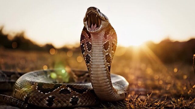 A large snake rests on the ground as the sun sets, casting warm light across its scales. The snake's head is raised, showcasing its pattern and presence in the natural setting.