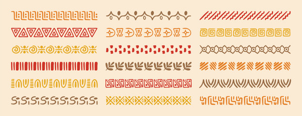 African tribal ethnic motive border doodle hand drawn style from geometrical shapes. boho scandinavian srtoke, traditional native decor. © Yanka