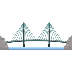 Pixel Art Cable Stayed Bridge Spanning Blue Water Between Rocky Shores Minimalist Design Isolated on White Background