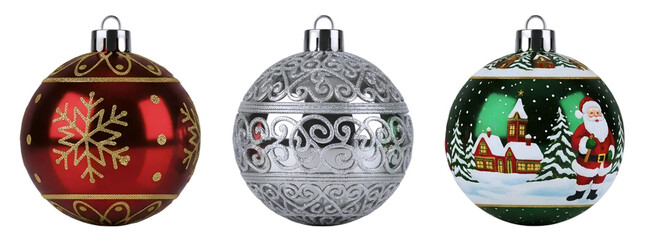 A set of three charming Christmas ornaments, including red with swirls, silver, and one with a snowman, isolated on a white background. A festive holiday collection.