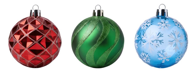 A set of three festive Christmas ornaments in red, green, and blue, with swirl and snowflake patterns, isolated on a white background. A classic and elegant holiday collection.