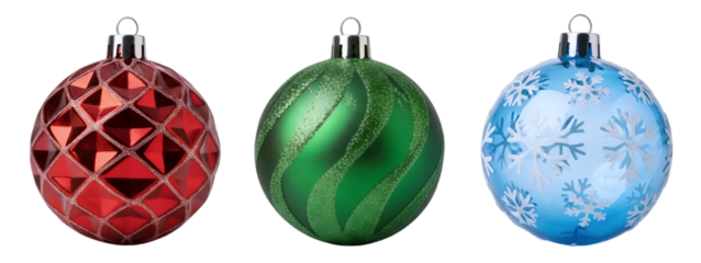 A set of three festive Christmas ornaments in red, green, and blue, with swirl and snowflake patterns, isolated on a white background. A classic and elegant holiday collection.
