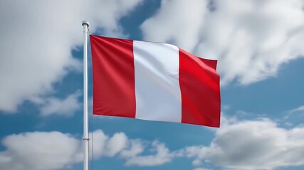 Peruvian flag waving proudly against a vibrant blue sky with fluffy clouds, representing national pride
