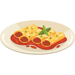 Pixel Art Cannelloni Pasta Dish with Rich Tomato Sauce and Grated Parmesan Cheese Garnished with Fresh Basil Leaves on a White Plate