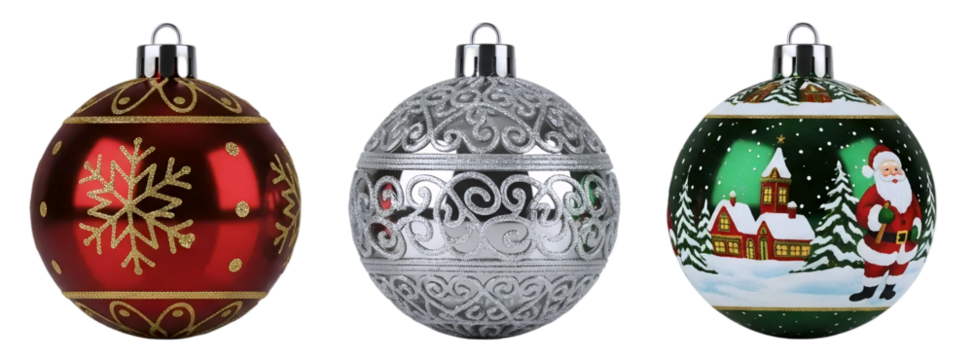A set of three charming Christmas ornaments, including red with swirls, silver, and one with a snowman, isolated on a white background. A festive holiday collection.