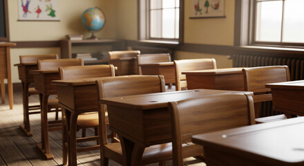 Realistic Detailed Classroom Interior with Wooden Desks and Natural Lighting