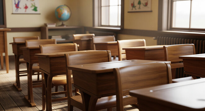 Realistic Detailed Classroom Interior with Wooden Desks and Natural Lighting