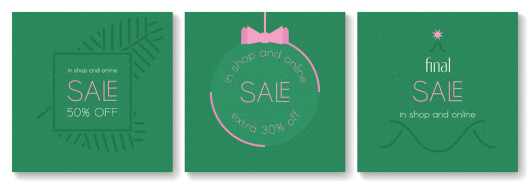 A set of editable web templates for the winter sale. Minimalistic vector illustrations in pastel green tones with seasonal christmas and abstract elements.