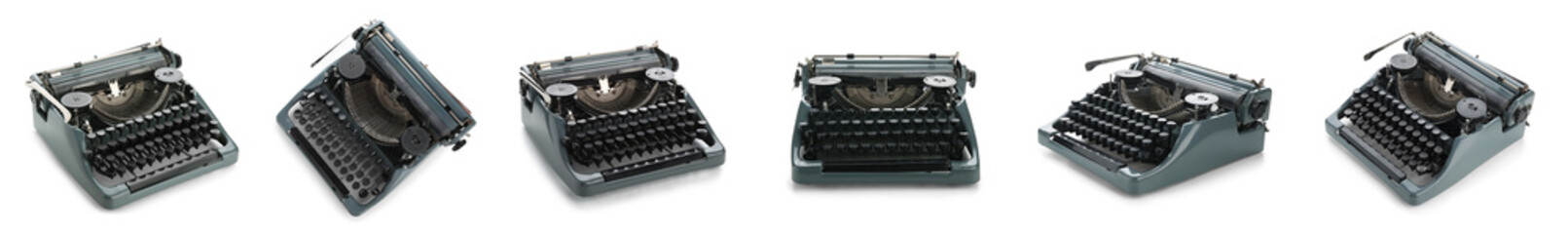 Different view of grey vintage typewriter on white background