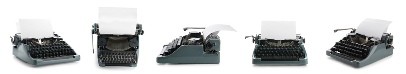 Different view of vintage typewriter on white background