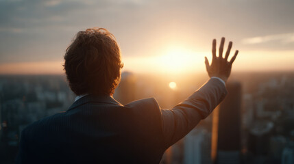 Obraz na płótnie Canvas Businessman back view waving hand at sunset over city skyline, suit jacket, urban rooftop, sunlight glow, cinematic mood
