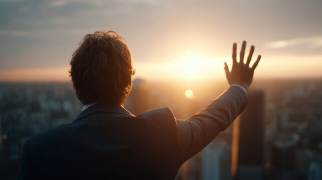Businessman back view waving hand at sunset over city skyline, suit jacket, urban rooftop, sunlight glow, cinematic mood