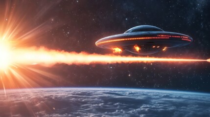 UFO spaceship flying near Earth, leaving a fiery trail.