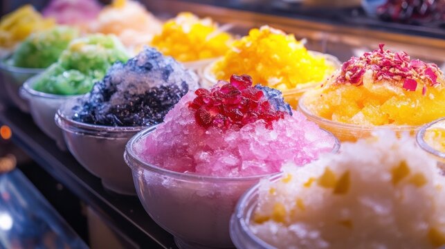 Colorful shaved ice desserts in bowls. (1)