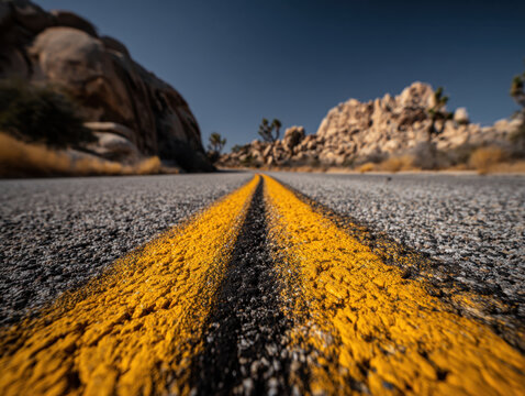 Desert highway asphalt yellow line close up rock formation arid landscape blue sky