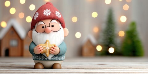 Christmas gnome holding star cookie with holiday bokeh background, copy space