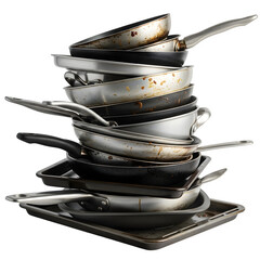 a stack of dirty pans isolated on transparent or white background. PNG
