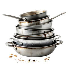 a stack of dirty pans isolated on transparent or white background. PNG
