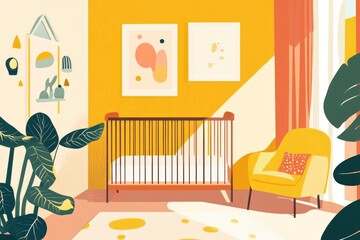 Sunny yellow nursery with crib, chair, and plants.