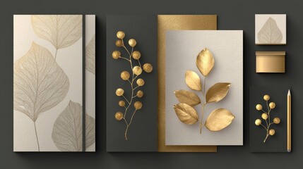 Elegant Gold and Leaf Pattern Stationery Collection on Dark Background