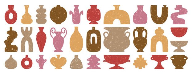 Girly pastel cute pink vases and amphorae textured boho ceramic vases trendy minimalist style. pottery icons creative trendy forms