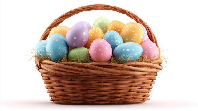 Colorful Easter egg basket with polka dot painted eggs in wicker basket on straw, festive spring holiday decoration and cheerful pastel palette