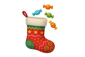 Christmas stocking receiving a showering of festive candies and sweets, representing holiday gifts, transparent background