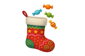 Christmas stocking receiving a showering of festive candies and sweets, representing holiday gifts, transparent background