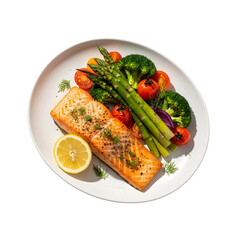 a plate with salmon and vegetables on it isolated on transparent or white background. PNG
