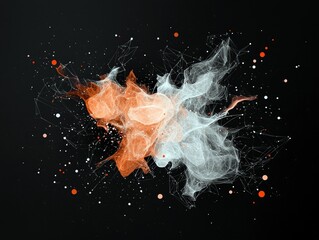 Abstract swirling forms of orange and white light particles and connected lines and dots against a dark background.