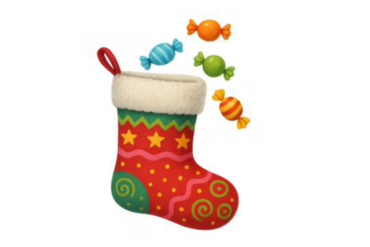 Christmas stocking receiving a showering of festive candies and sweets, representing holiday gifts, transparent background - Powered by Adobe