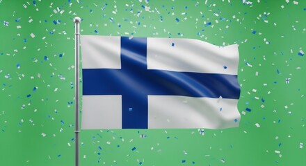 Flag of Finland with confetti on green background. Patriotic celebration concept for Independence Day or National Day.