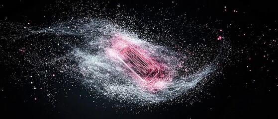 A rectangular object glows pink, surrounded by a swirling vortex of white and pink particles and dust against a black background.