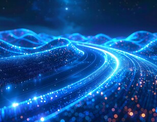 Dynamic digital pathway illuminated by vibrant blue light streams and sparkling particles, representing intricate information flow and interconnectedness in a high-tech future