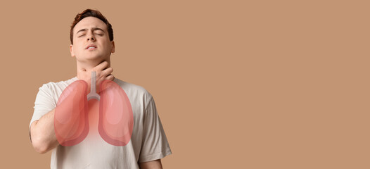 Young man with sore throat on beige background
